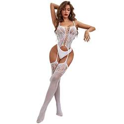 V-Ting Bodystocking sexy Netz Catsuit feine Spitze Dessous Unterwäsche Reizwäsche Overall langarm offen im Schritt von V-Ting