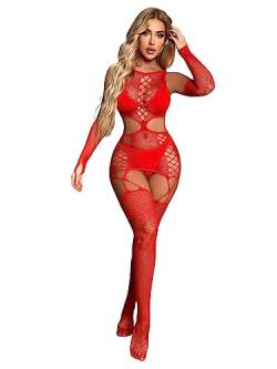 V-Ting Sexy Dessous für Damen Bodystocking Rot Netz body dessous Catsuit Unterwäschen Reizwäsche Netz Strumpfhose Hohle Jumpsuit Frauen Bodysuit Nachtwäsche outfit sets ouvert für sex mit Handschuhe von V-Ting