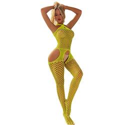 V-Ting Sexy Dessous für Damen Nahtlose Bodystocking catsuit ouvert Women Baby Doll Minikleid Sexy Kleid Fishnet Negligees Lingerie Nachtkleid Sleepwear Im Schritt offen für sex Gelb von V-Ting