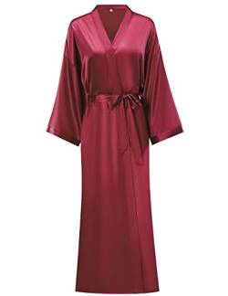 V Vaborous Damen Morgenmantel mit Blumenmuster, lang, Satin, Kimono, lang, lang, Massiver Wein, XXL/3XL von V Vaborous