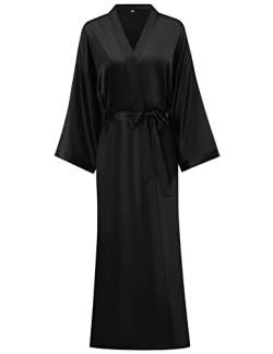 V Vaborous Damen Morgenmantel mit Blumenmuster, lang, Satin, Kimono, lang, lang, solide, schwarz, XXL/3XL von V Vaborous