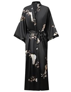 V Vaborous Damen Weiche Lange Satin Bademäntel Lange Seide Bademäntel Volle Länge Bademäntel Kimonos Seidig Bademantel Morgenmäntel, Schwarz mit Blumenmuster, XXL/3XL von V Vaborous