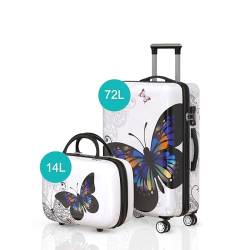 Voyagoux Kofferset 2 teilig - 14L & 72L, Hartschalenkoffer Set, TSA-Schloss, ABS, 4X 360° Rollen, Leichtgewicht Suitcase, mit Schmetterling-Motiv von V Voyagoux