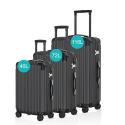 Voyagoux Kofferset 3 teilig - 40L,72L & 116L, Hartschalenkoffer Set, TSA-Schloss, ABS, 4X 360° Rollen, Robust und Leichtgewicht Suitcase, Schwarz von V Voyagoux