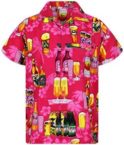 Funky Hawaii-Hemd Herren | XS -12XL | Kurzarm | Fronttasche | Hawaii-Aufdruck | Bierflasche, Pink S von V.H.O.