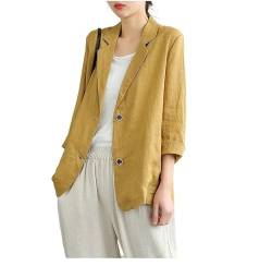 Blazer Damen,Damen Blazer Anzug Gelb Lose Baumwolle Leinen Reversknopf Vorne Offen Strickjacke Langarm Freizeit Arbeit Büro Kurz Geschnittene Blazer Jacke Für Damen Formelle Blazer Jacke,L von VAAX