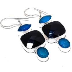 Schwarzer Spinell Blauer Chalcedon Multi-Stein Tropfen Ohrringe Handgemacht 2" Für Mädchen Frauen 925 Sterling Silber plattierter Schmuck von VACHEE 2682 von VACHEE