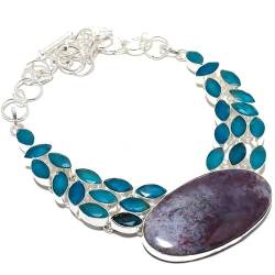 VACHEE Blutstein Blauer Chalcedon Mehrsteinige handgemachte schwere Halskette 18" für Mädchen Frauen 925 Sterling Silber vergoldeter Schmuck 1678 von VACHEE