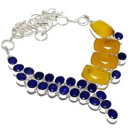 VACHEE Gelber Chalcedon, blau gefärbter Saphir, handgefertigte schwere Halskette mit mehreren Steinen, 45,7 cm, für Mädchen und Damenschmuck aus Sterlingsilber 6 von VACHEE