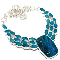 VACHEE Geschnitzte blaue Chalcedon handgemachte schwere Halskette 18" für Mädchen Frauen 925 Sterling Silber vergoldet Schmuck 1846 von VACHEE