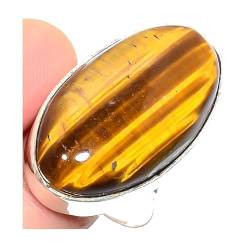 VACHEE Handgefertigter verstellbarer Ring mit gelbem Tigerauge für Mädchen und Frauen, Größe 7 US, 925 Sterling Silber vergoldeter Schmuck 2306 von VACHEE