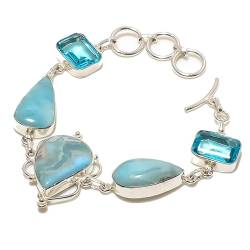 VACHEE Karibischer Larimar, blauer Topas-Quarz, handgefertigtes Armband mit 5 Edelsteinen, 17,8–22,9 cm, für Mädchen und Frauen, 925er-Sterlingsilber vergoldeter Schmuck 3229 von VACHEE