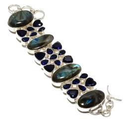 VACHEE Schwarzer Labradorit, blau gefärbter Saphir, handgefertigtes Armband mit mehreren Steinen, 17,8–22,9 cm, für Mädchen und Frauen, 925er-Sterlingsilber vergoldeter Schmuck 3001 von VACHEE