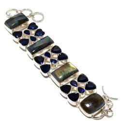 VACHEE Schwarzer Labradorit, blau gefärbter Saphir, handgefertigtes Armband mit mehreren Steinen, 17,8–22,9 cm, für Mädchen und Frauen, 925er-Sterlingsilber vergoldeter Schmuck 3007 von VACHEE