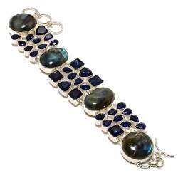 VACHEE Schwarzer Labradorit, blau gefärbter Saphir, handgefertigtes Armband mit mehreren Steinen, 17,8–22,9 cm, für Mädchen und Frauen, 925er-Sterlingsilber vergoldeter Schmuck 3008 von VACHEE