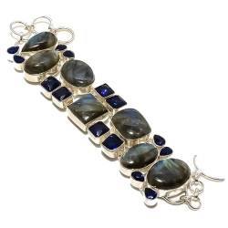 VACHEE Schwarzer Labradorit, blau gefärbter Saphir, handgefertigtes Armband mit mehreren Steinen, 17,8–22,9 cm, für Mädchen und Frauen, 925er-Sterlingsilber vergoldeter Schmuck 3045 von VACHEE