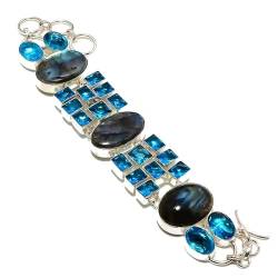 VACHEE Schwarzer Labradorit, blauer Topas, Quarz-Edelstein, mehrere Steine, handgefertigtes Armband, 17,8–22,9 cm, für Mädchen und Frauen, 925er-Sterlingsilber vergoldeter Schmuck 3018 von VACHEE