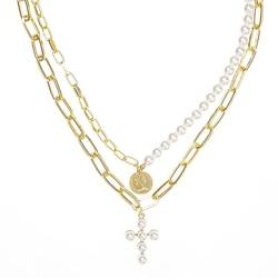 VACOY Cross -Pearl -Halskette Retro Style Seal Eingelegtes Künstliche Perlenpulloverkette Halskette von VACOY