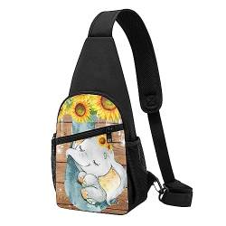 Niedlicher Elefant und Sonnenblumen Print Sling Rucksack Unisex Sport Brust Taschen Crossbody Umhängetasche, Schwarz , Einheitsgröße von VACSAX