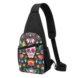 Sugar Skulls and Flowers Print Sling Backpack Unisex Sport Chest Bags Crossbody Shoulder Bag, Schwarz , Einheitsgröße von VACSAX