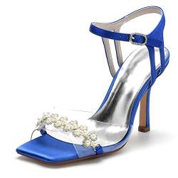 VACSAX Brautschuhe Damen Quadratischer Zeh Stöckel Absatz Knöchelriemen Hochzeit Sandalen mit Perle,Blau,37 EU von VACSAX