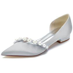 VACSAX Brautschuhe Damen Spitzschuh Weiße Hochzeit Flache Schuhe Slip Auf Ballerinas Schuhe mit Perle,Silber,42 EU von VACSAX