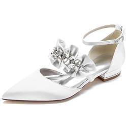 VACSAX Damen Ballerinas Satin Knöchelriemen Hochzeit Brautjungfernschuhe Flache Schuhe mit Strass,Weiß,43 EU von VACSAX
