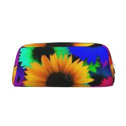 VACSAX Leder Federmäppchen Regenbogen Sonnenblume Druck Stift Fall Bleistift Tasche Leder Bleistift Tasche Schreibwaren Tasche, silber, Einheitsgröße, Taschen-Organizer von VACSAX