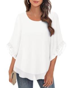 VAFOLY Damen 3/4 Rüschen Ärmel Bluse Tops Doppelschichten Flowy Shirts Elegante Chiffon Blusen, Weiss/opulenter Garten, Groß von VAFOLY