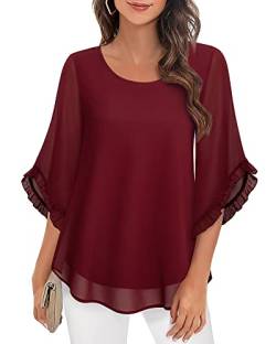 VAFOLY Damen Casual Lose Rüschen Trim Ärmel Bluse Doppellagige Arbeitshemden Chiffon Elegant Dressy Tops, Wein, XX-Large von VAFOLY