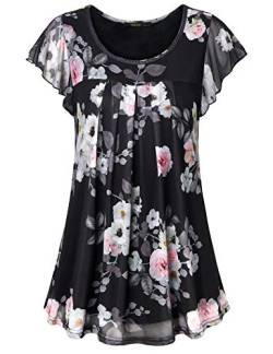 VAFOLY Tunika Blusen Sommer, Damen Shirts für Leggings Flatterärmel Flowy Shirt Casual Locker Sitzendes Blumen Tunika Top mit Falten Mehrlagig Angenehme Hemd Mehrfarbig Schwarz 2XL von VAFOLY