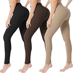 VALANDY Damen-Leggings mit hoher Taille, butterweich, dehnbar, Bauchkontrolle, Workout, Fitnessstudio, Yoga, schmale Strumpfhose, reguläre und Übergröße, 3 Paar Schwarz/Braun/Khaki, L-XL von VALANDY