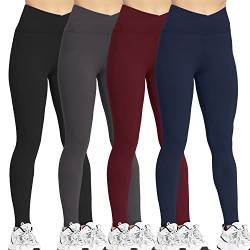 VALANDY Leggings mit hoher Taille für Damen, Stretch, Bauchkontrolle, Workout, Laufen, Yoga, Reg&Plus Size, V-Taille, 4 Packungen, Schwarz/Dunkelgrau/Burgunderrot/Marineblau, S/M von VALANDY