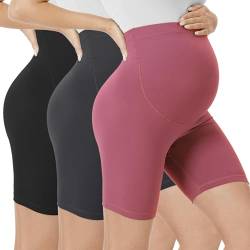 VALANDY Umstands-Shorts über Bauch, Biker-Shorts, hohe Taille, kurze Leggings, athletisches Workout, Laufen, Yoga, Schwangerschaftshose, 3er-Pack - schwarz/dunkelgrau/dunkelrosa, Medium von VALANDY