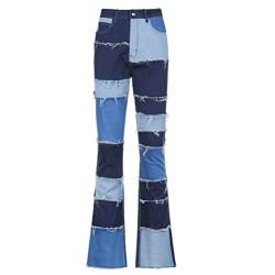 VALICLUD Damen Patchwork Jeans High Waisted Patch Flare Jeans Bell Bottom Ripped Jeans Denim Pants, blau, S von VALICLUD