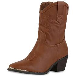 VAN HILL Damen Cowboy Boots Stiefeletten Spitze Schuhe Stickereien Western Booties Holzoptikabsatz Freizeitstiefeletten 210313 Hellbraun 36 von VAN HILL