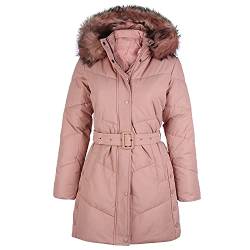 VAN HILL Damen Gefütterte Steppmantel Kapuze Kunstfell Winterjacke Seitentaschen Zierknöpfe Gesteppte Freizeitmantel Gürtel Jacke 201463 Rosa 36 S von VAN HILL