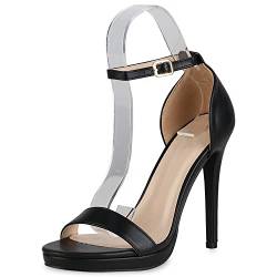 VAN HILL Damen High Heels Sandaletten Stiletto Leder-Optik Schuhe Party Metallic Absatzschuhe Elegante Plateau Vorne Abendschuhe 206180 Schwarz 39 von VAN HILL