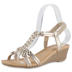 VAN HILL Damen Keilsandaletten Sandaletten Keilabsatz Schuhe Zierperlen Sommerschuhe Freizeit Kunstleder Sommersandaletten 211017 Gold 41 von VAN HILL