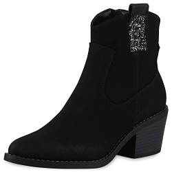 VAN HILL Damen Leicht Gefütterte Cowboy Boots Stiefeletten Spitze Glitzer Schuhe Holzoptikabsatz Freizeit Western Booties 209160 Schwarz 36 von VAN HILL