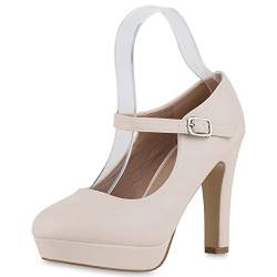 VAN HILL Damen Mary Janes Pumps Klassische Schuhe Stiletto Absatzschuhe Elegante Plateau Vorne Leder-Optik Riemchenschuhe 210690 Beige 39 von VAN HILL