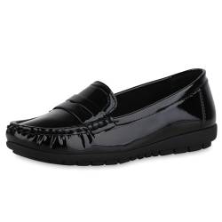 VAN HILL Damen Mokassins Flach Lack Klassisch Schuhe 214662 Schwarz Lack 37 von VAN HILL