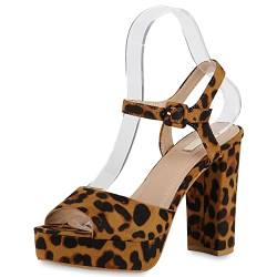 VAN HILL Damen Plateau Sandaletten Blockabsatz High Heels Wildleder-Optik Party Schuhe Absatzschuhe 175324 Leopard 36 von VAN HILL