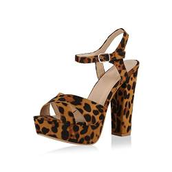 VAN HILL Damen Plateau Sandaletten Wildleder-Optik Party Schuhe Blockabsatz High Heels Basic Riemchen Absatzschuhe 175410 Leopard 37 von VAN HILL