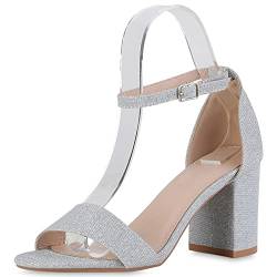 VAN HILL Damen Riemchensandaletten Sandaletten Blockabsatz Schuhe Elegante Party Abendschuhe Glitzer Riemchenschuhe 211334 Silber 38 von VAN HILL