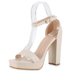 VAN HILL Damen Sandaletten High Heels Party Schuhe Blockabsatz Absatzschuhe Elegante Plateau Vorne Sommersandaletten Abendschuhe 208044 Beige 39 von VAN HILL