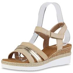 VAN HILL Damen Sandaletten Keilsandaletten Schuhe Metallic Keilabsatz Sommersandaletten Profilsohle Bast Freizeit Wedges 211948 Beige Gold Metallic 39 von VAN HILL