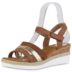 VAN HILL Damen Sandaletten Keilsandaletten Schuhe Metallic Keilabsatz Sommersandaletten Profilsohle Bast Freizeit Wedges 211949 Hellbraun Gold Metallic 38 von VAN HILL