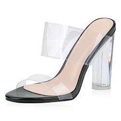 VAN HILL Damen Sandaletten Pantoletten Transparent High Heels Party Mules Blockabsatz Schuhe Lack Absatzschuhe Sommer Abendschuhe 196826 Schwarz Colorless Lack 37 von VAN HILL