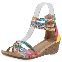 VAN HILL Damen Sandaletten Strass Keilsandaletten Metallic Sommer Schuhe Keilabsatz Sommer-Sandaletten Freizeit Sommer-Schuhe 207494 Pink Grün Blau 39 von VAN HILL